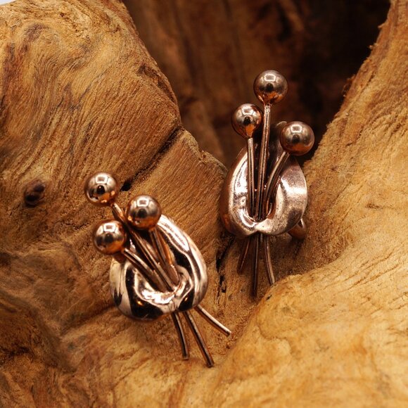 Vintage Napier Sterling Modernist Leaf & Buds Earrings Gold Vermeil Clip-ons - Picture 2 of 10